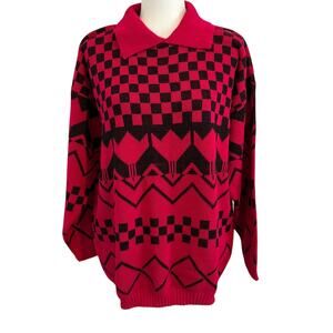 Vintage Teasers Oversized Graphic Knit Sweater Dark Pink Black Size L